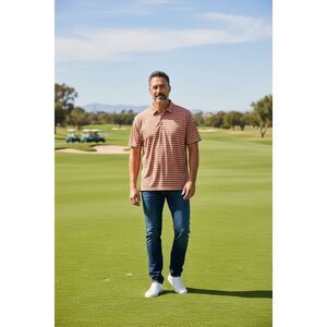 Dunning Men’s Sz Lrg Orange Gray Striped Pull Over Polo Golf Classic Shirt